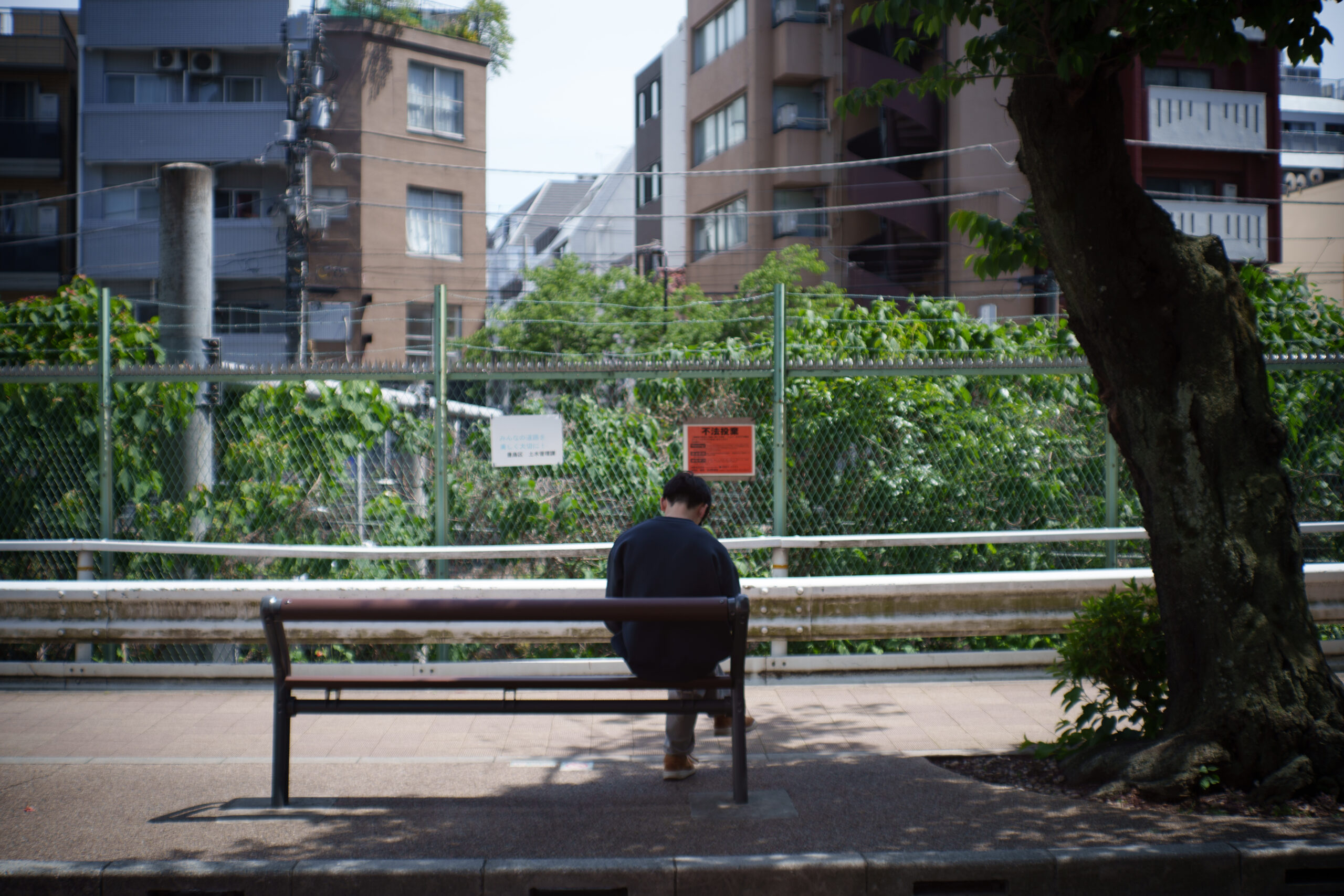 地元周辺のベンチに座る男性