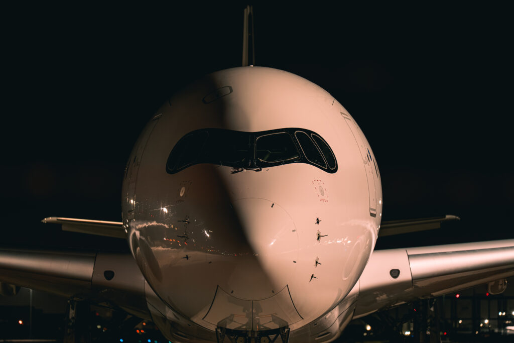 大きく映った飛行機の前面