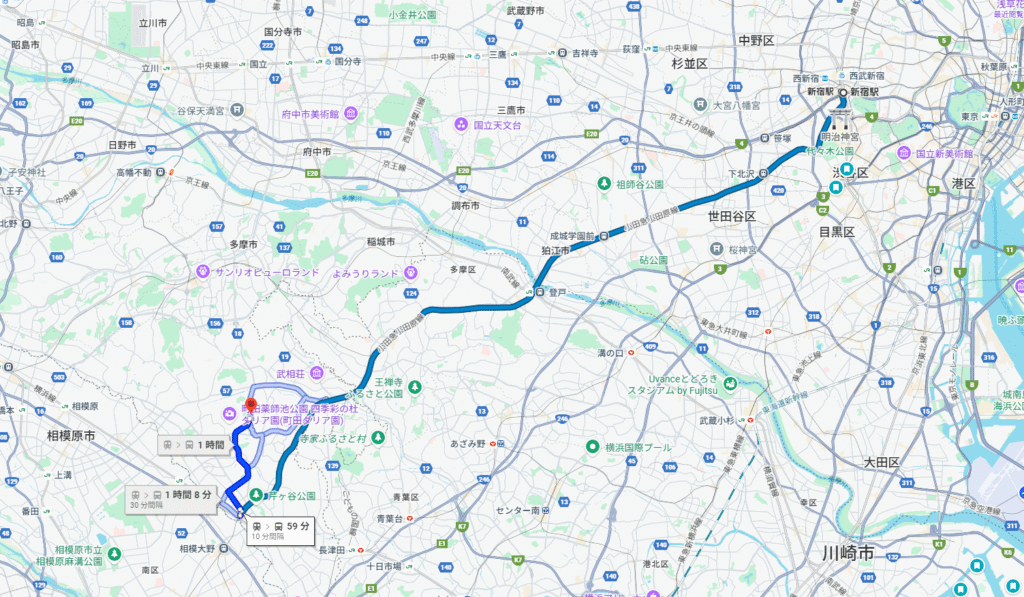 新宿駅から町田リス園までの電車を使ったルート