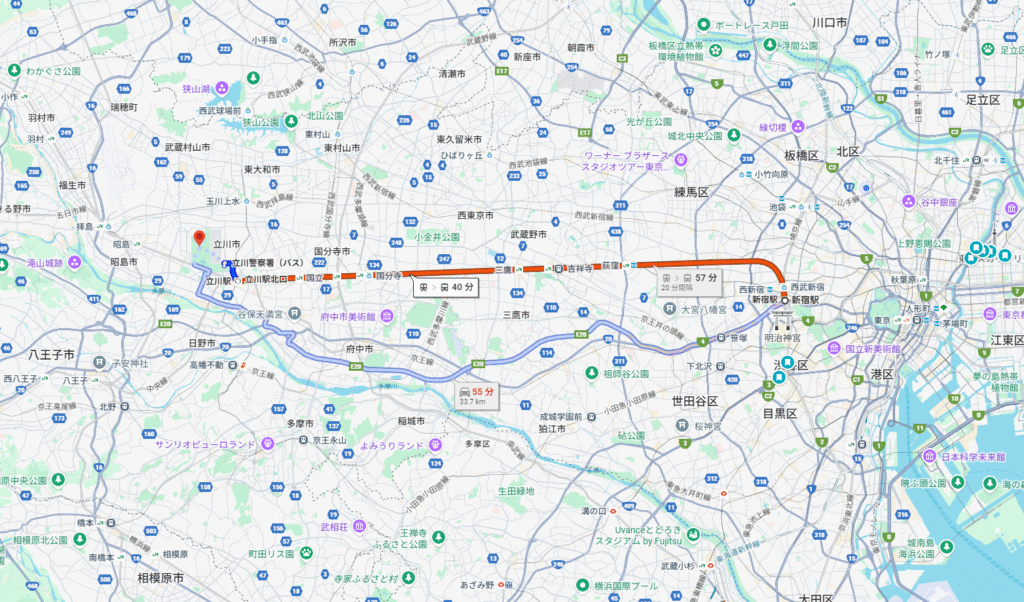 昭和記念公園までのGoogleマップ