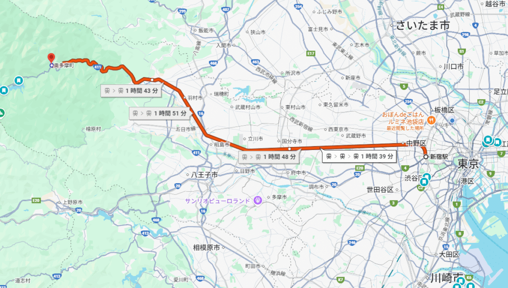 新宿駅から奥多摩までの経路