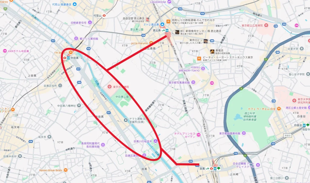 恵比寿。中目黒、目黒のエリア